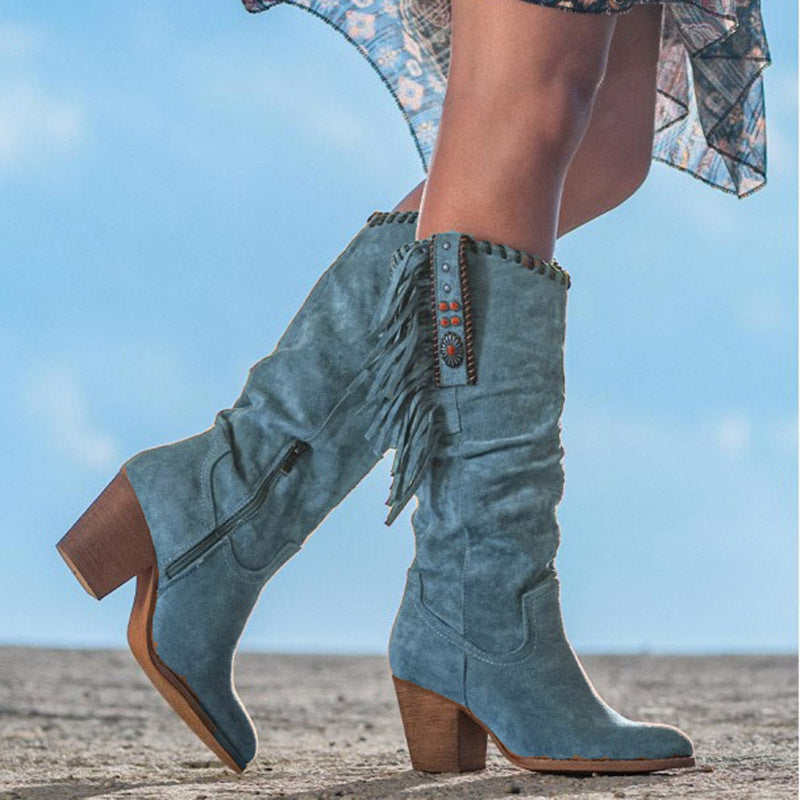 Fringe Western Knee-High Boots With Suede Finish And Block Heel And Boho Details