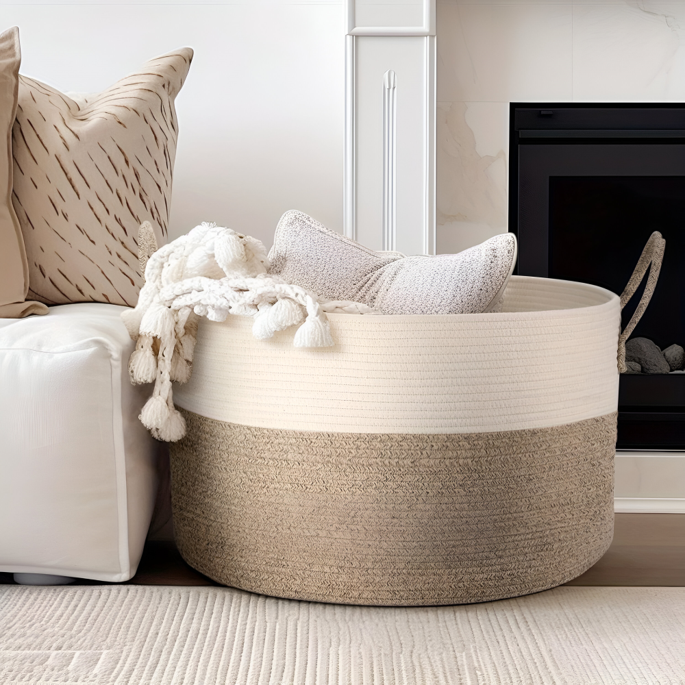 Coș mare de depozitare împletit, de 50 L — design în două tonuri, 51 x 34 cm