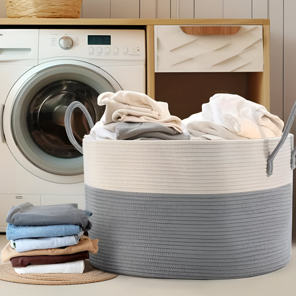 Coș mare de depozitare împletit, de 50 L — design în două tonuri, 51 x 34 cm