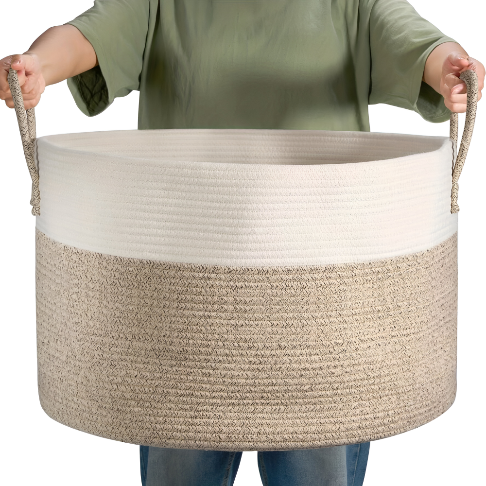 Coș mare de depozitare împletit, de 50 L — design în două tonuri, 51 x 34 cm