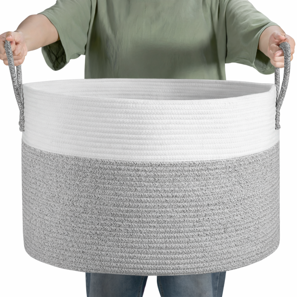 Coș mare de depozitare împletit, de 50 L — design în două tonuri, 51 x 34 cm