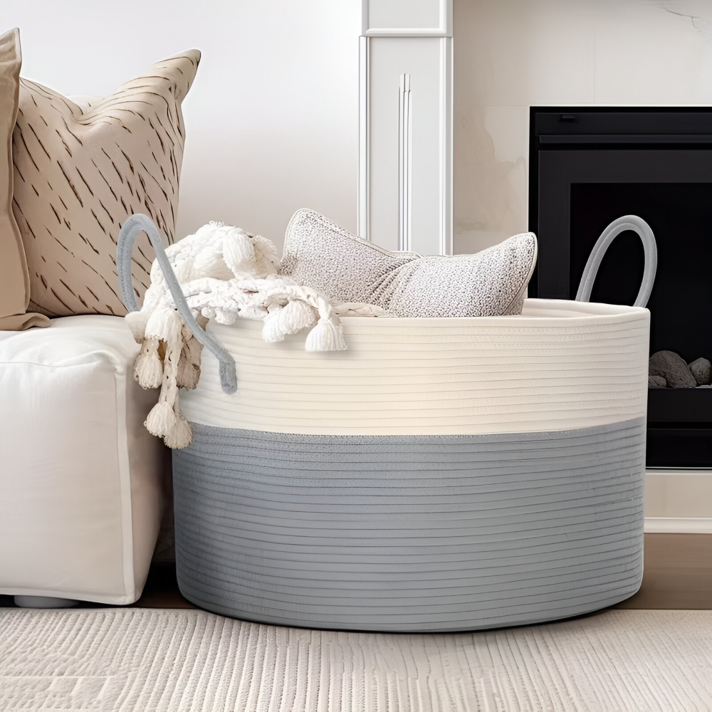 Coș mare de depozitare împletit, de 50 L — design în două tonuri, 51 x 34 cm