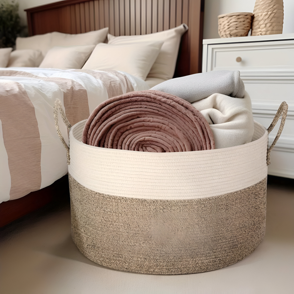 Coș mare de depozitare împletit, de 50 L — design în două tonuri, 51 x 34 cm