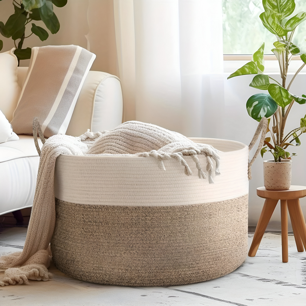 Coș mare de depozitare împletit, de 50 L — design în două tonuri, 51 x 34 cm