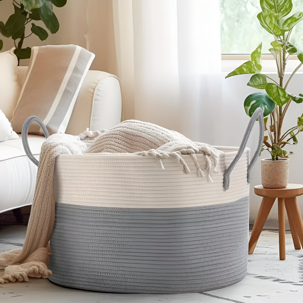 Coș mare de depozitare împletit, de 50 L — design în două tonuri, 51 x 34 cm