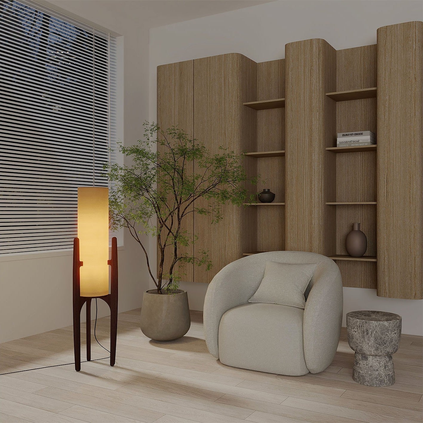 Serene Linen Shade Floor Lamp With Natural Wood Frame