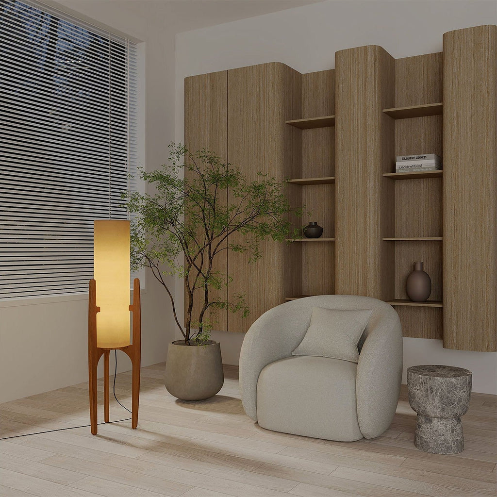 Serene Linen Shade Floor Lamp With Natural Wood Frame