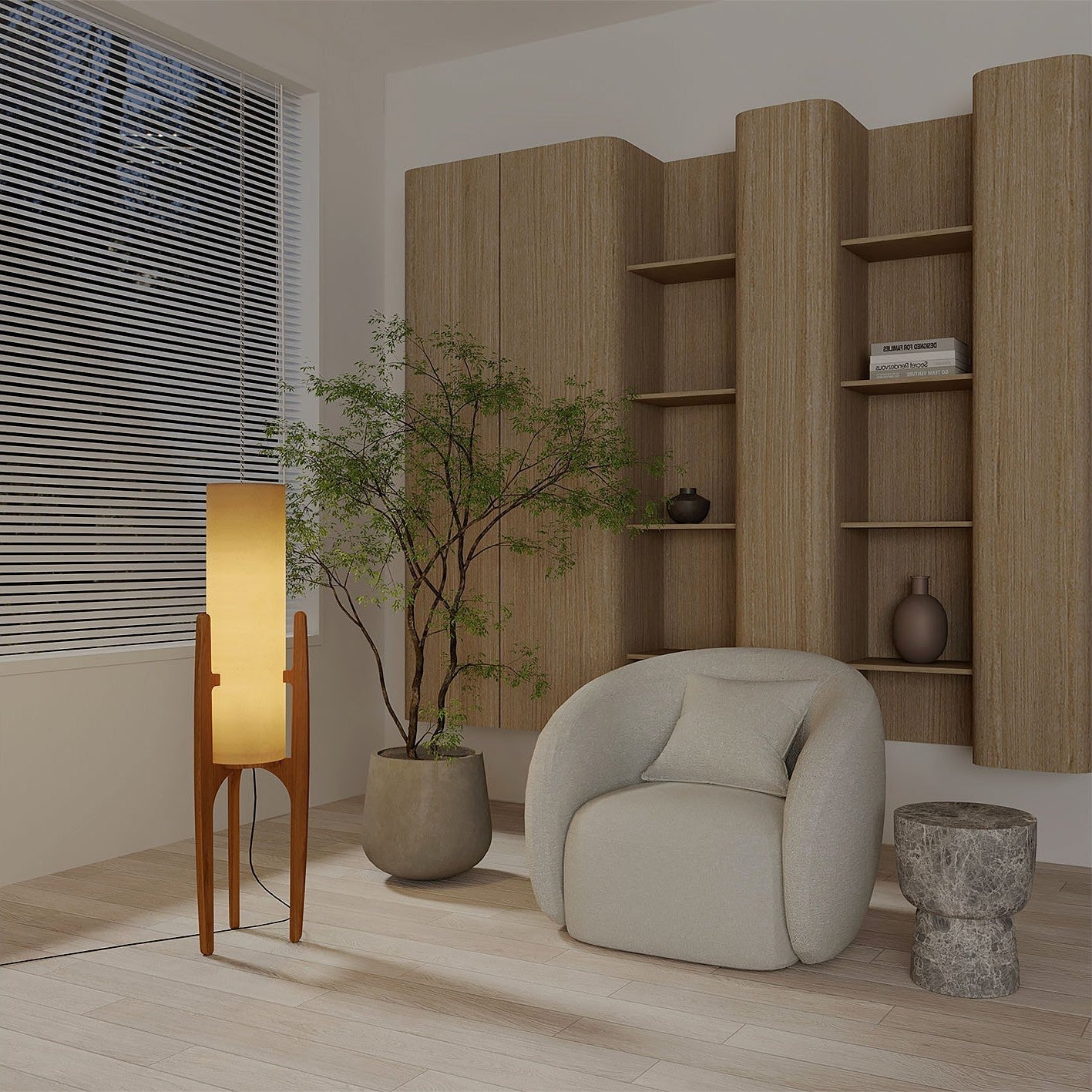 Serene Linen Shade Floor Lamp With Natural Wood Frame