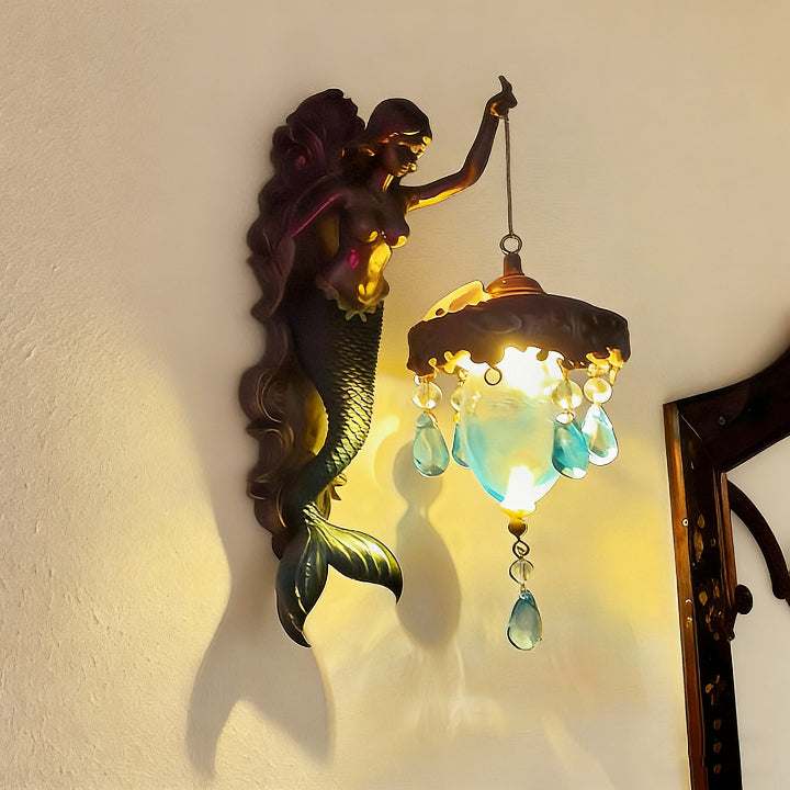 Mermaid Resin Wall Lamp With Glass Shade And Crystal Pendants, Indoor Ambient Light