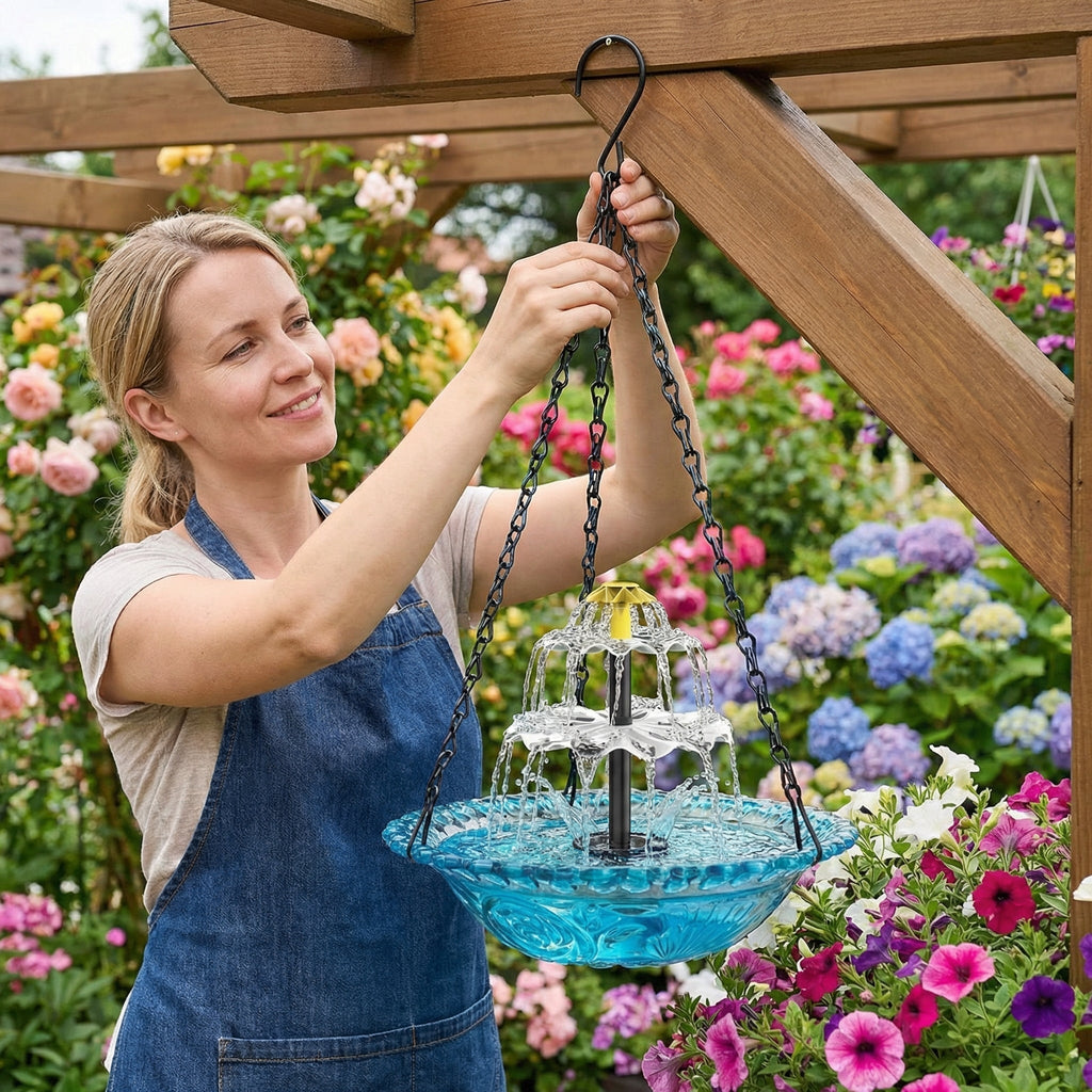 Solarbetriebene Hängende Vogeltränke mit Springbrunnen – Zweistufig Zorenza
