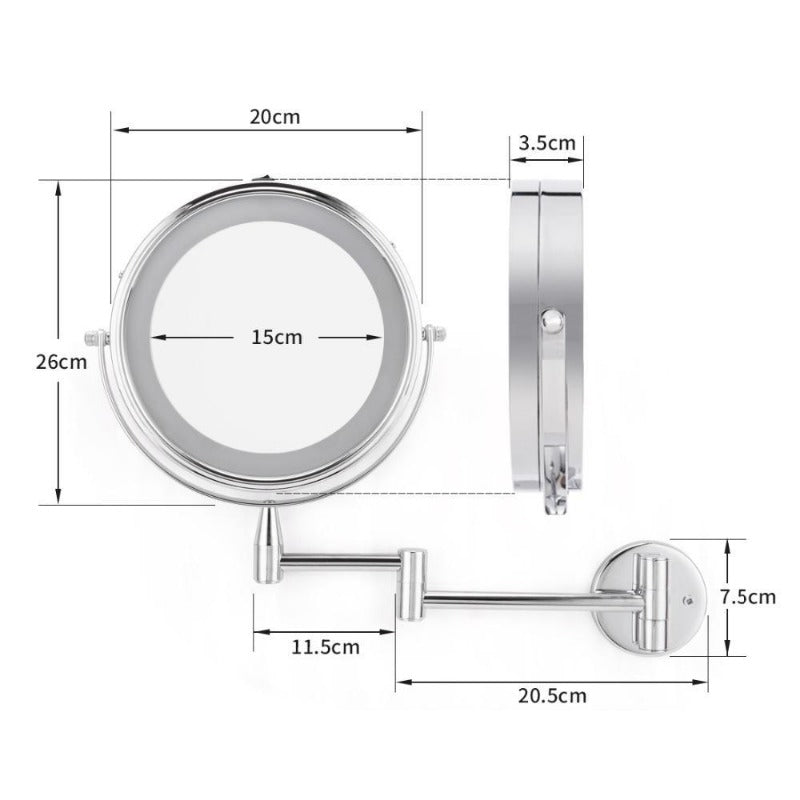 Illuminated Dual-Arm Makeup Mirror For Wall Mount With Adjustable Extension And LED Lighting