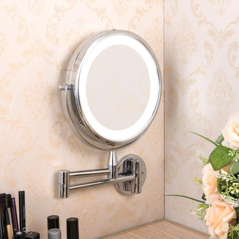 Illuminated Dual-Arm Makeup Mirror For Wall Mount With Adjustable Extension And LED Lighting