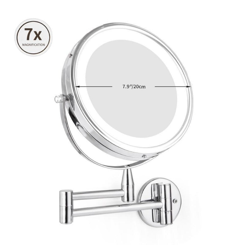Illuminated Dual-Arm Makeup Mirror For Wall Mount With Adjustable Extension And LED Lighting