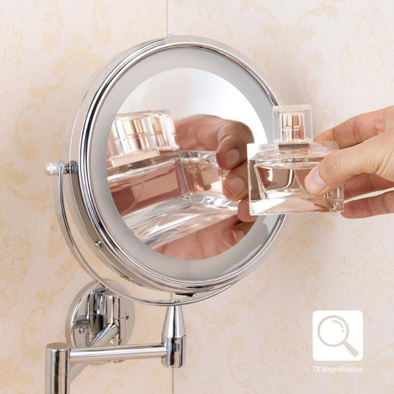 Illuminated Dual-Arm Makeup Mirror For Wall Mount With Adjustable Extension And LED Lighting
