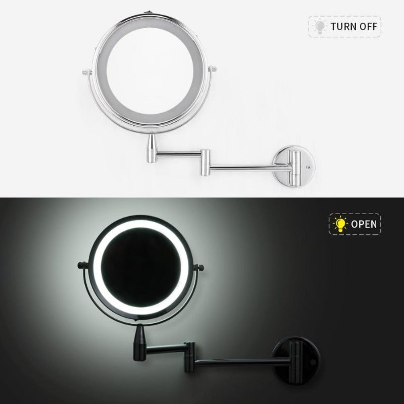 Illuminated Dual-Arm Makeup Mirror For Wall Mount With Adjustable Extension And LED Lighting