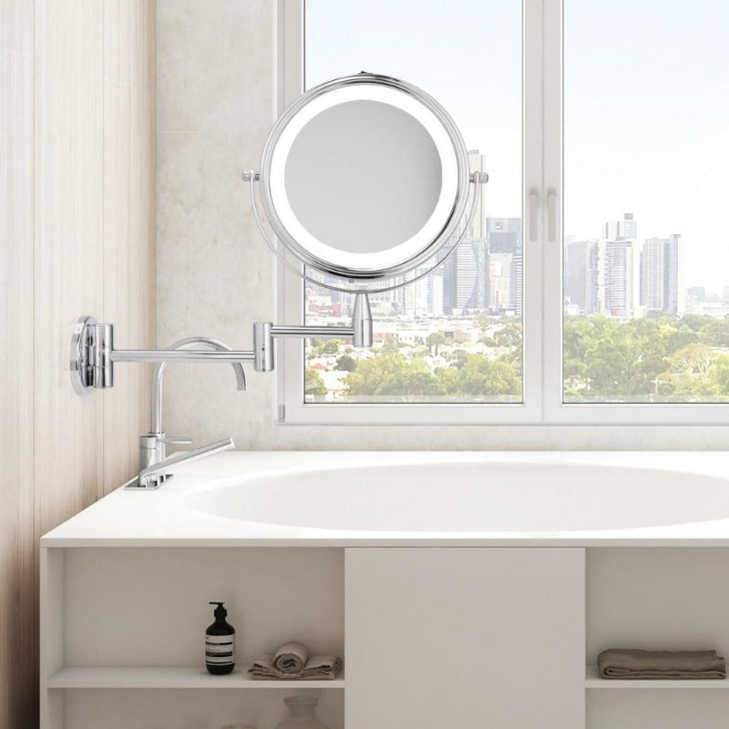 Illuminated Dual-Arm Makeup Mirror For Wall Mount With Adjustable Extension And LED Lighting
