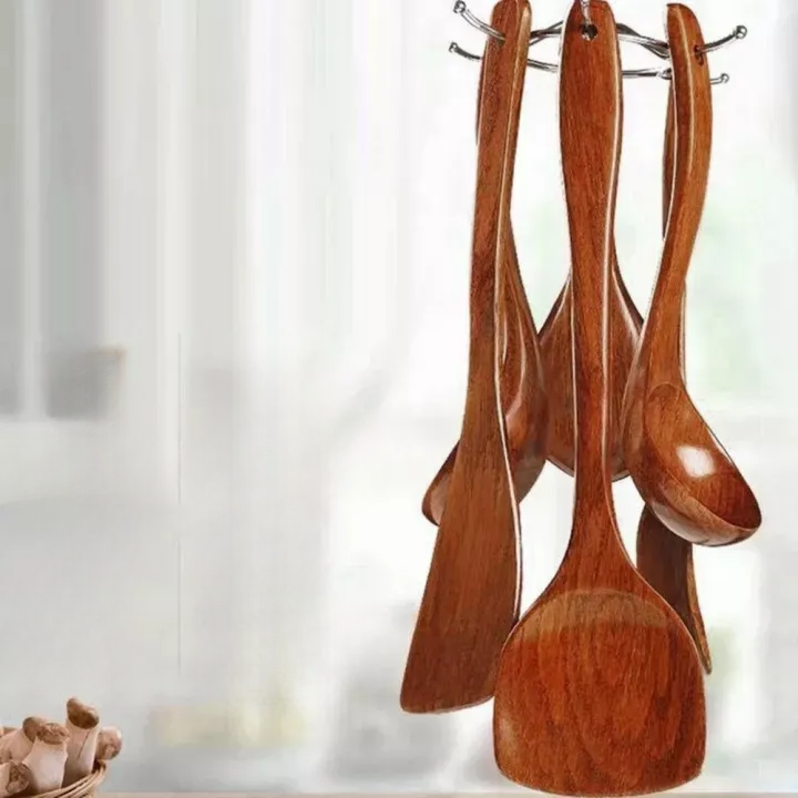 Set de 9 ustensiles de cuisine en teck massif — Outils anti-rayures avec support et plateau