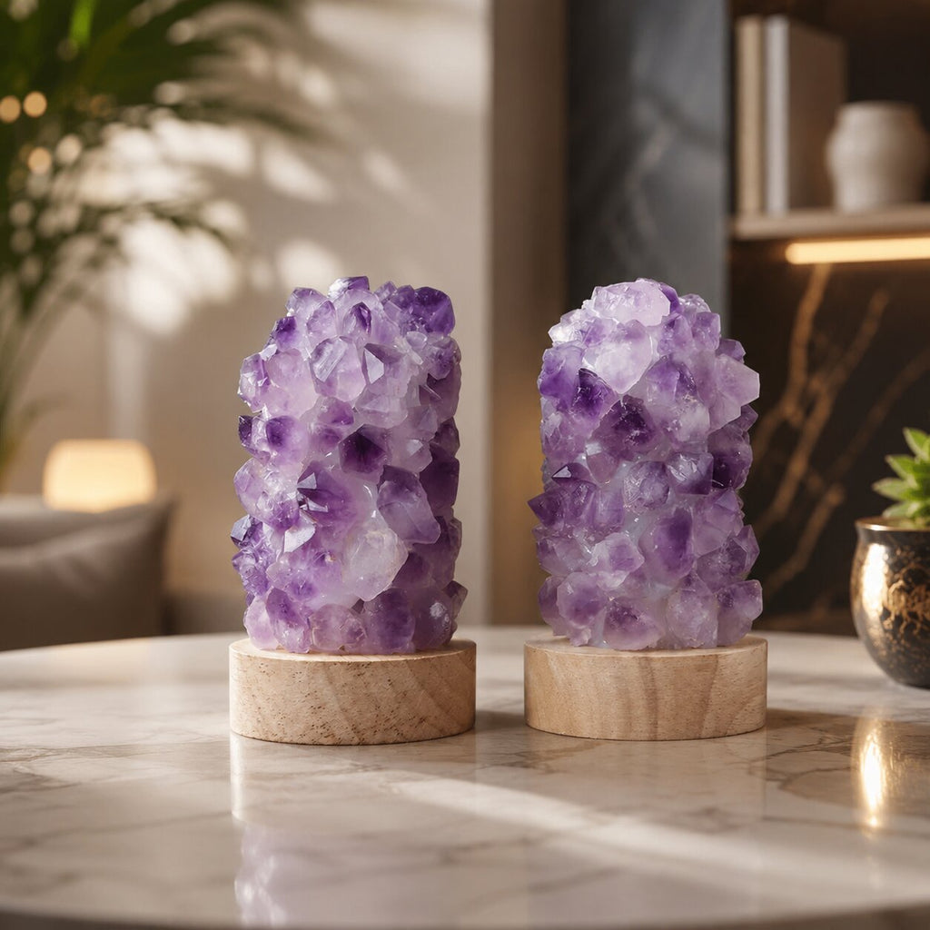 مصباح ليلي من كريستال الجمشت الطبيعي Amethystia — توهج ناعم قابل لإعادة الشحن عبر USB