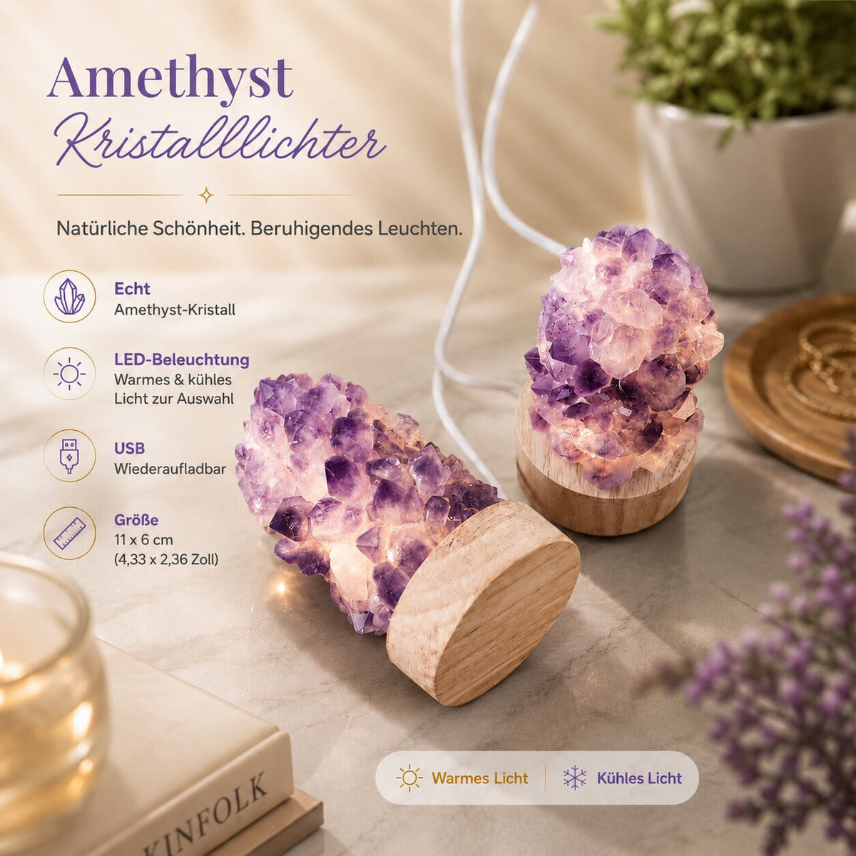 مصباح ليلي من كريستال الجمشت الطبيعي Amethystia — توهج ناعم قابل لإعادة الشحن عبر USB