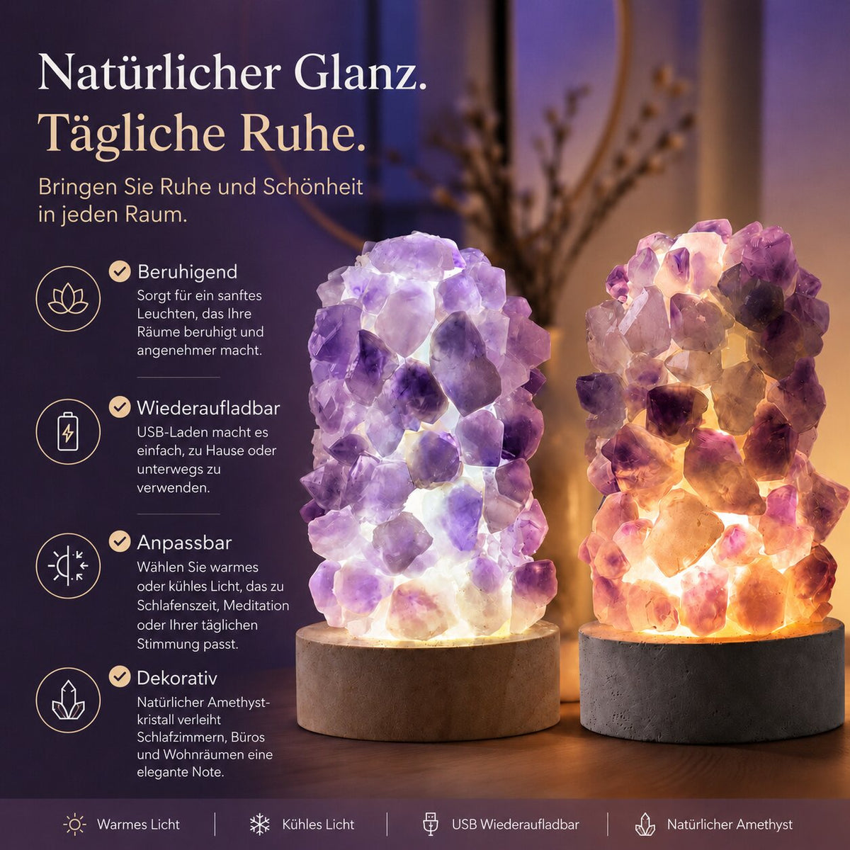 مصباح ليلي من كريستال الجمشت الطبيعي Amethystia — توهج ناعم قابل لإعادة الشحن عبر USB
