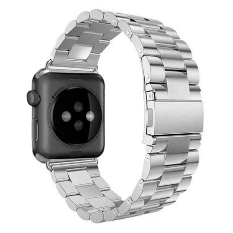 Correa de acero inoxidable plateado para Apple Watch — eslabones entrelazados y cierre plegable
