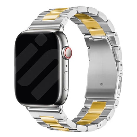 Apple Watch用ステンレススチールストラップ、シルバーとゴールドの連結リンクデザイン