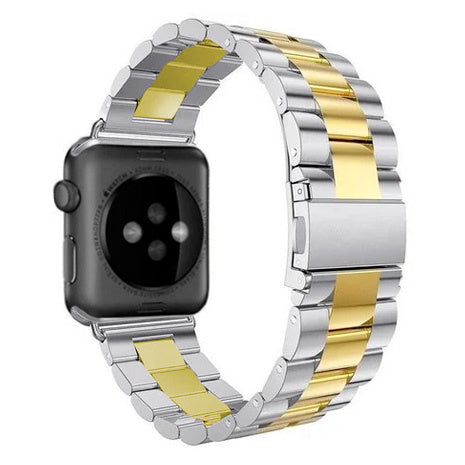 Apple Watch用ステンレススチールストラップ、シルバーとゴールドの連結リンクデザイン