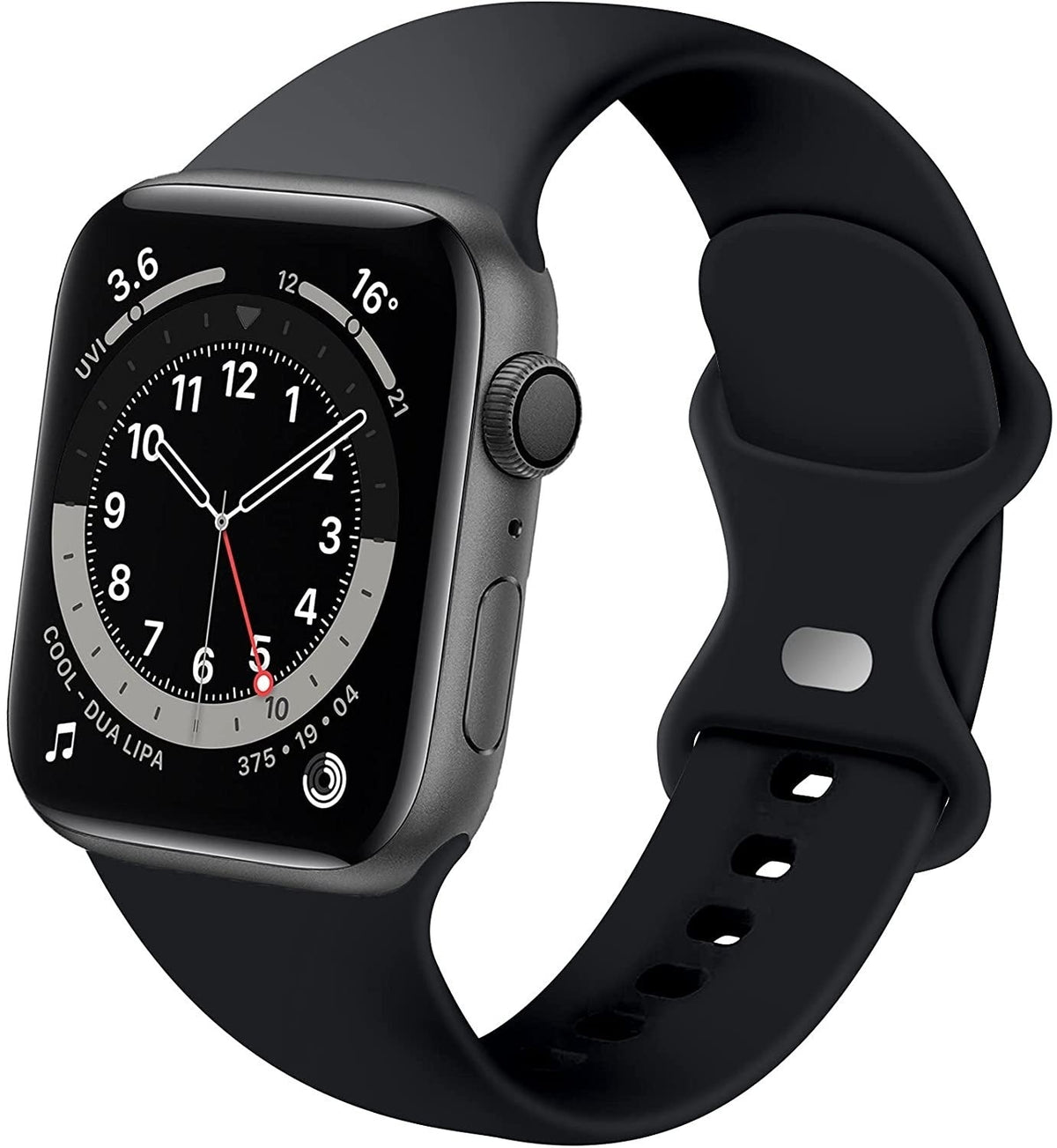 Klasický černý silikonový řemínek pro Apple Watch — provedení s dvojitou smyčkou a tlačítkovou sponou
