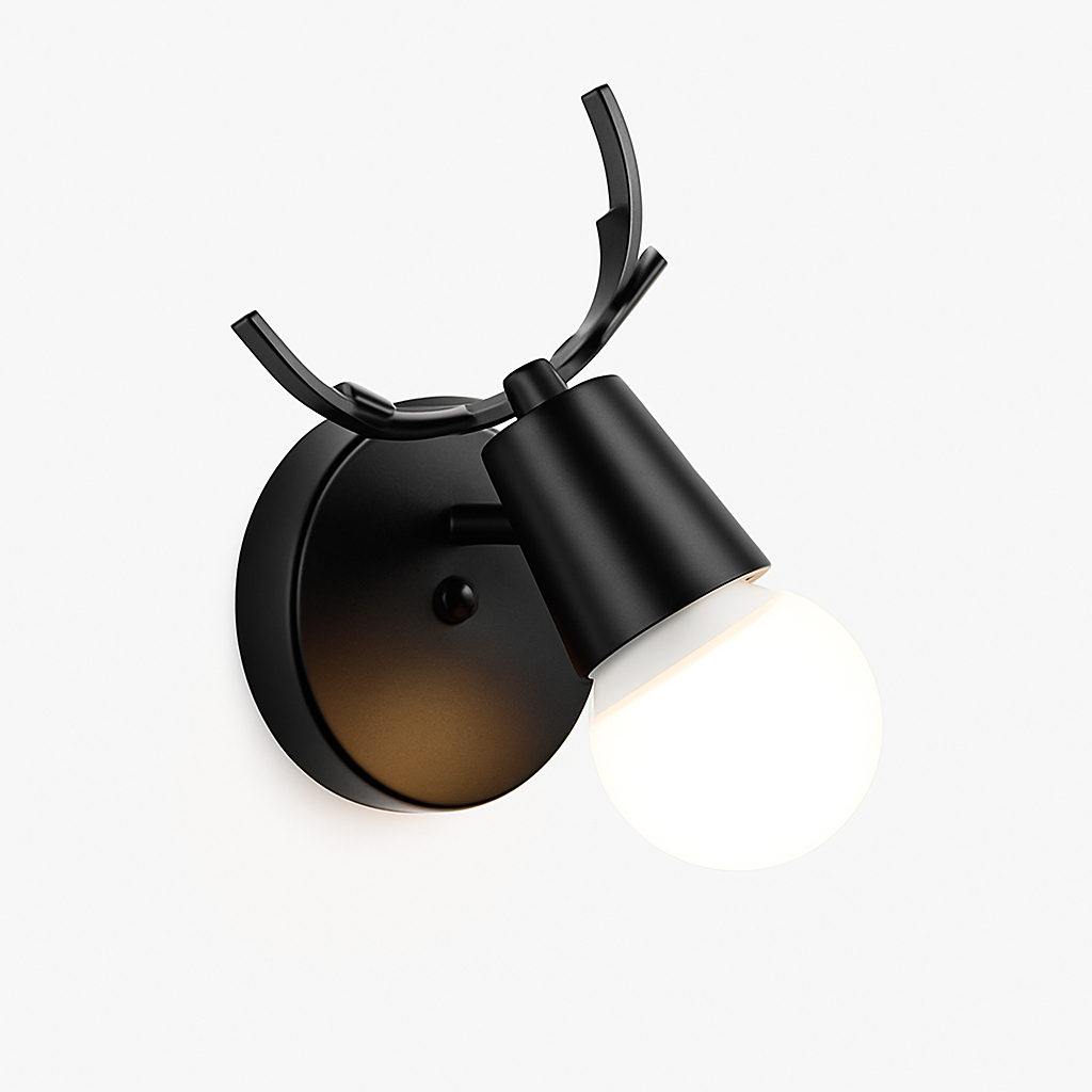 Deer Antler Wall Light Black Metal And Wood E27 Fixture For Living Room