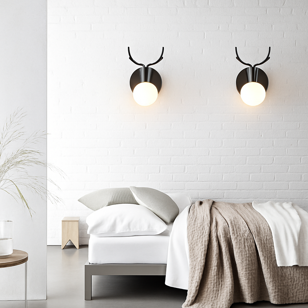 Deer Antler Wall Light Black Metal And Wood E27 Fixture For Living Room