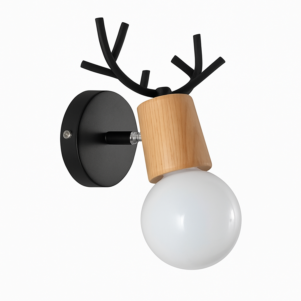 Deer Antler Wall Light Black Metal And Wood E27 Fixture For Living Room