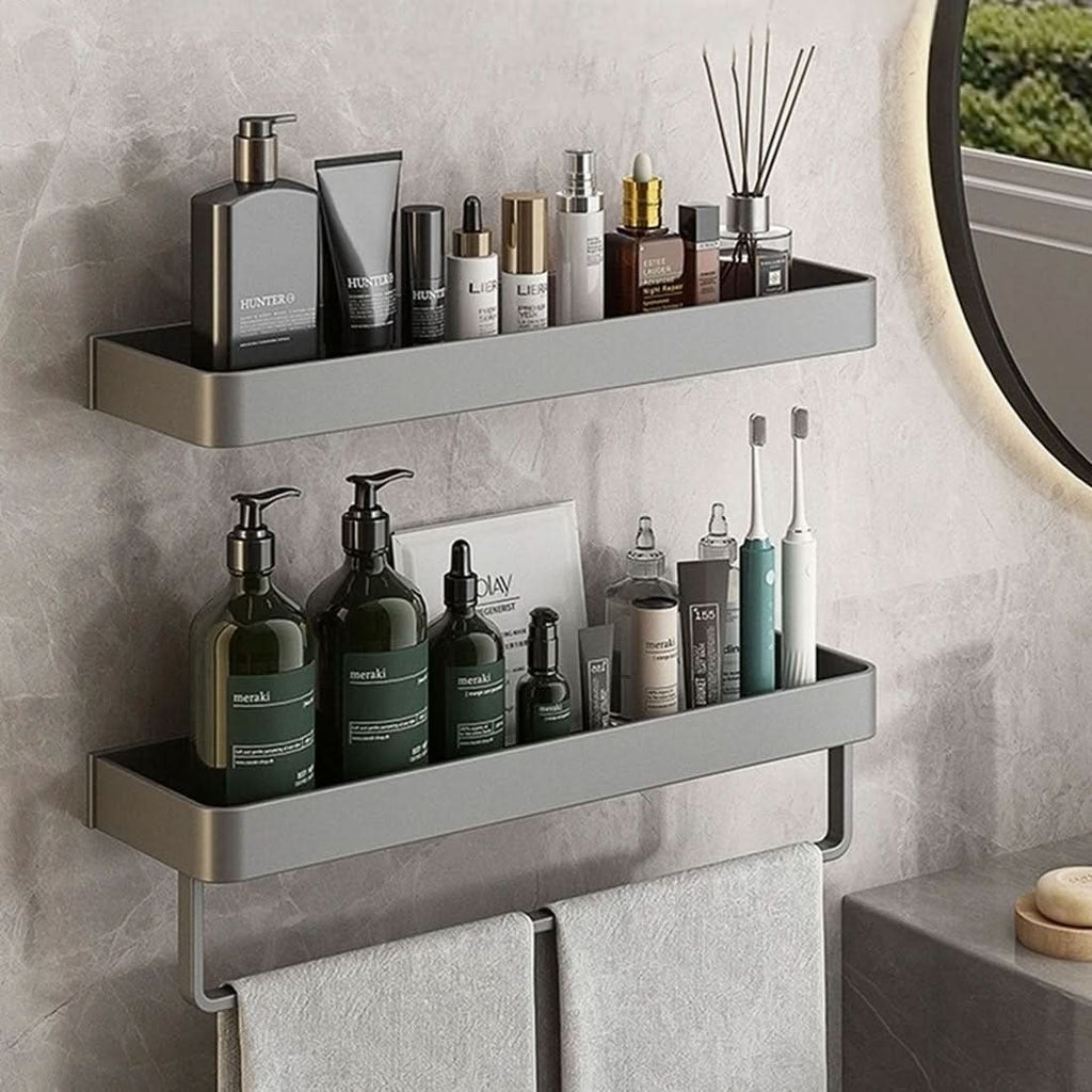 AQUASHELF – Elegáns fürdőszobai fali polc törölközőtartóval és fúrás nélküli felszereléssel | Ka-mostore