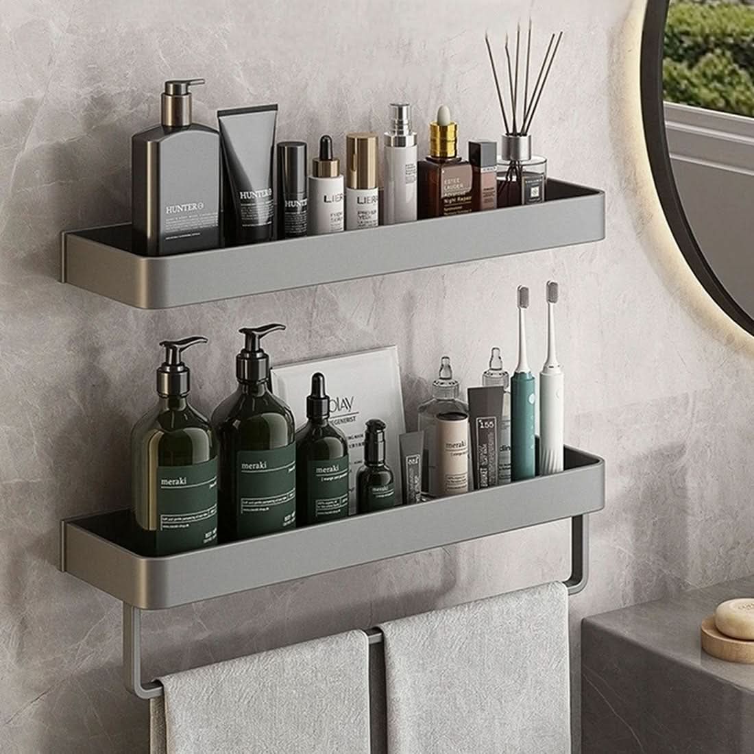AQUASHELF – Elegáns fürdőszobai fali polc törölközőtartóval és fúrás nélküli felszereléssel | Ka-mostore