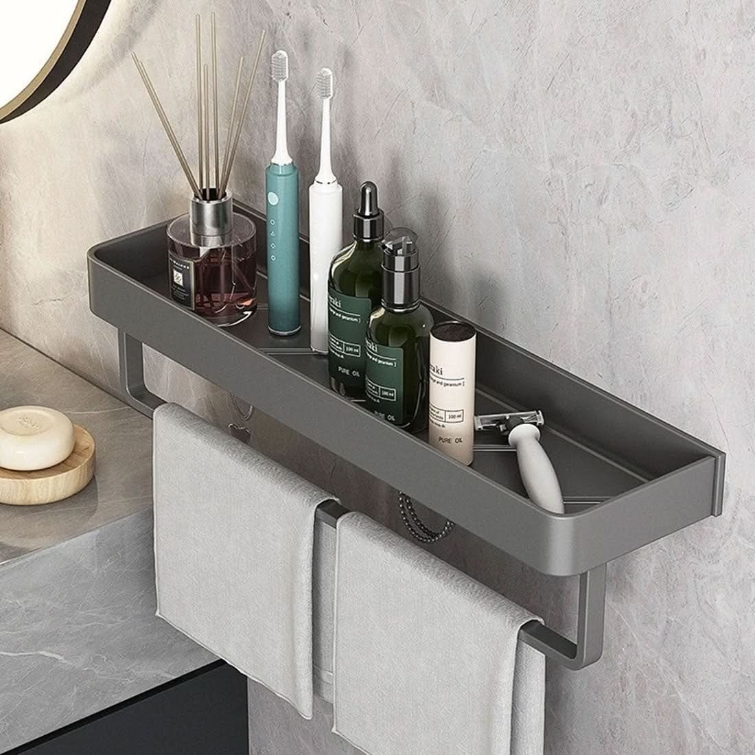 AQUASHELF – Elegáns fürdőszobai fali polc törölközőtartóval és fúrás nélküli felszereléssel | Ka-mostore