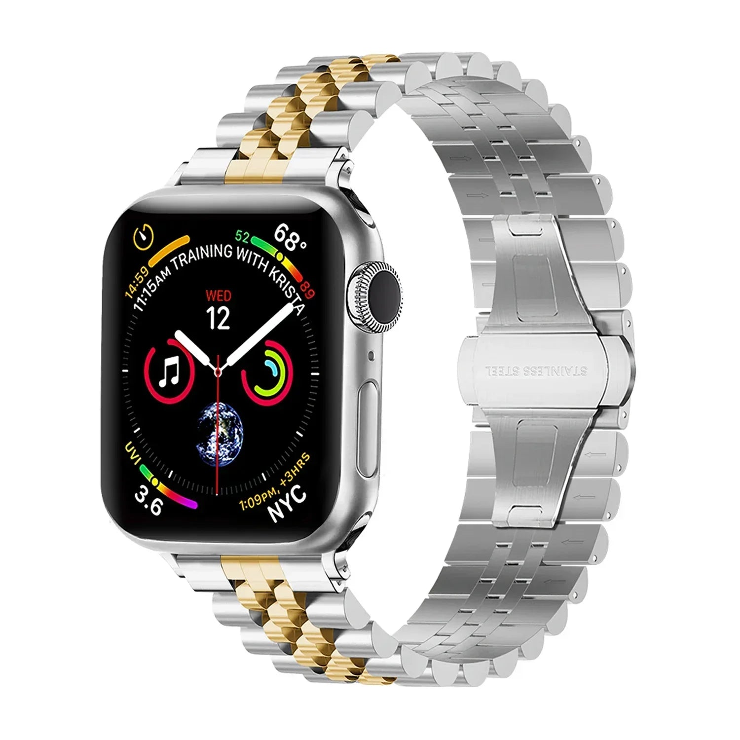 Jubilee-rem i stål til Apple Watch — sølv og guld, karakteristisk leddesign