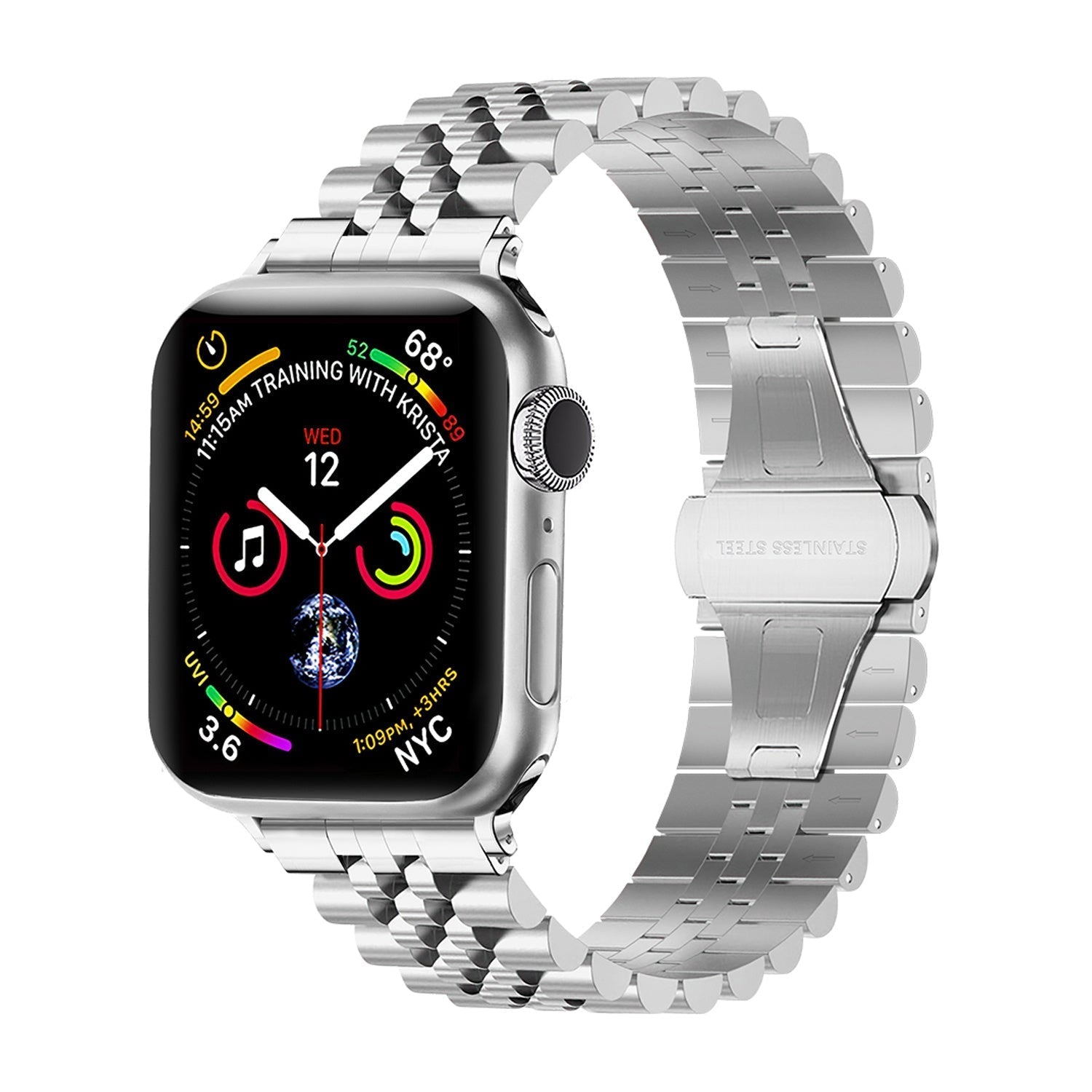 Jubiläums-Edelstahlarmband für die Apple Watch, silberfarben – fein poliertes Gliederdesign