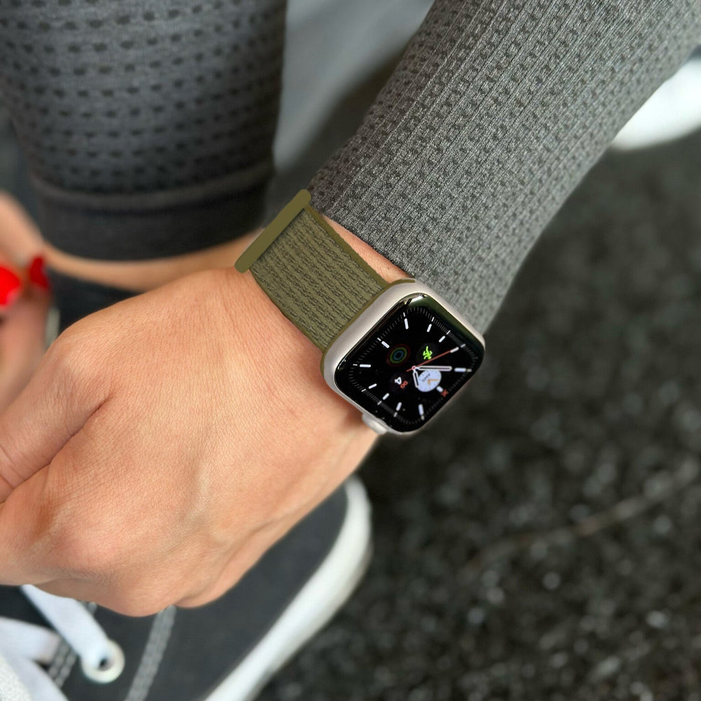 Olive Woven Nylon Apple Watch Strap Slightly Stretchy