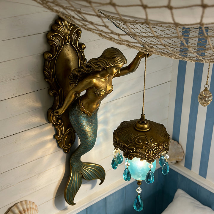 Mermaid Resin Wall Lamp With Glass Shade And Crystal Pendants, Indoor Ambient Light