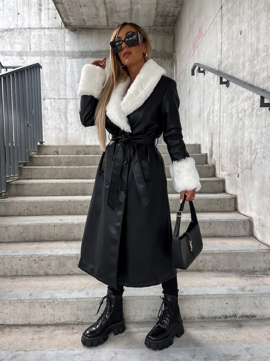 Casual Lace Up Fashion Fur Collar Pocket Loose Leather Coat