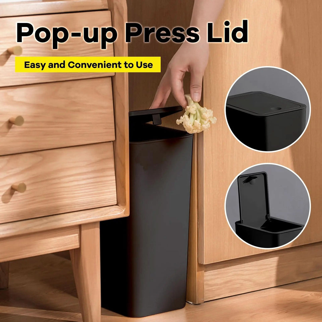 PRESSLUX 10L Slim Trash Can — Press-Top Lid, Space-Saving Design