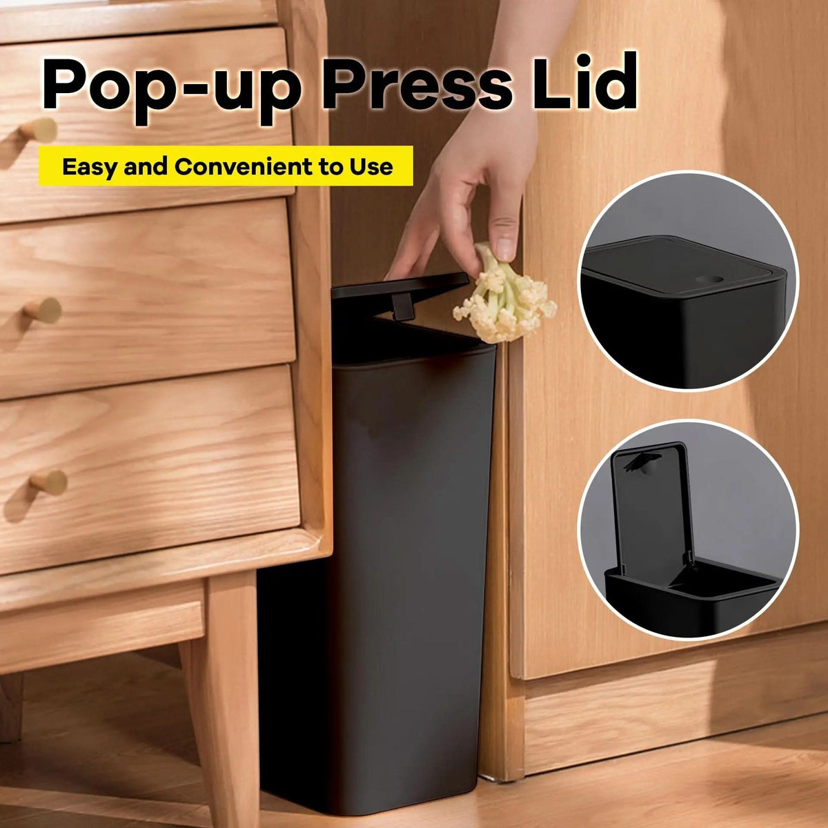 PRESSLUX 10L Slim Trash Can — Press-Top Lid, Space-Saving Design