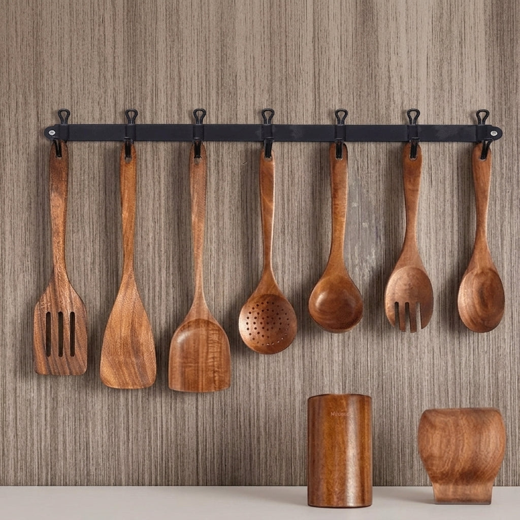Set de 9 ustensiles de cuisine en teck massif — Outils anti-rayures avec support et plateau