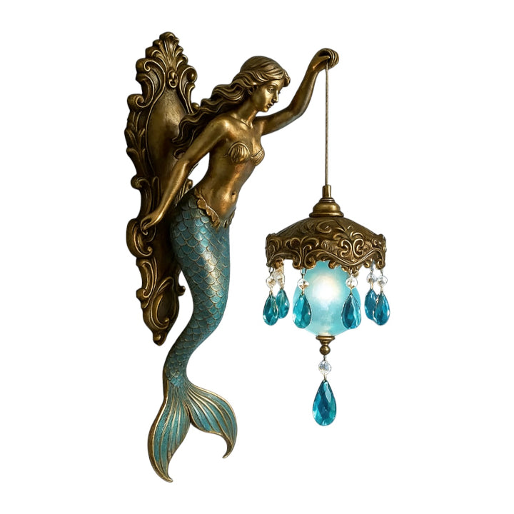 Mermaid Resin Wall Lamp With Glass Shade And Crystal Pendants, Indoor Ambient Light