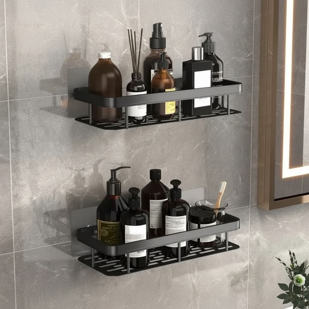 Organizer da parete per bagno ALUVAULT — Scaffale contenitore in lega di alluminio dal design elegante