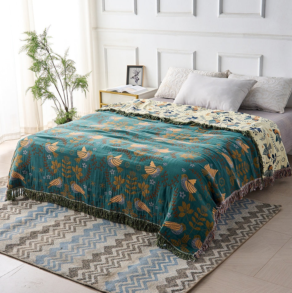 Birds Among Flowers Cotton Throw Reversible Botanical Scandinavian Design For Sofa And Bed