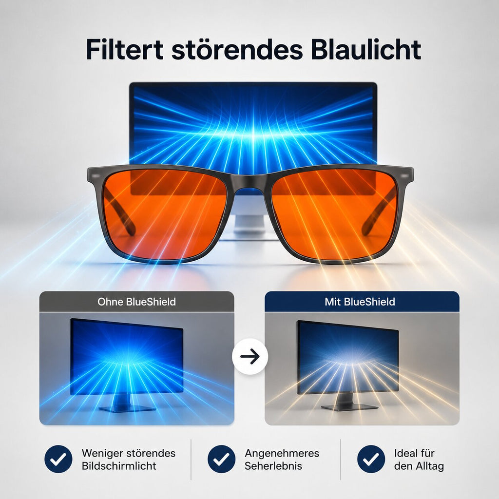 BlueShield glasögon som filtrerar blått ljus — lätta glasögon för bekväma skärmögen