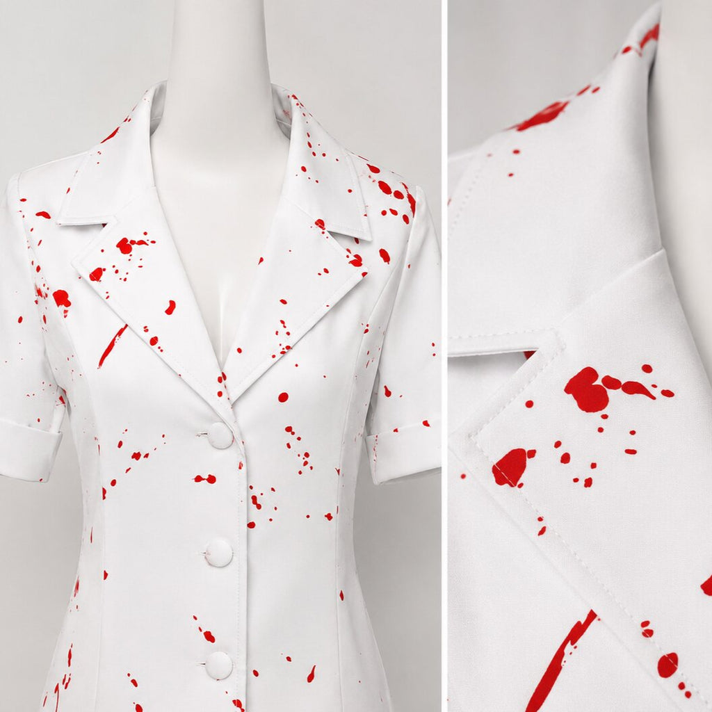 血腥护士万圣节服装 — 白色短裙，饰有红色血迹飞溅图案