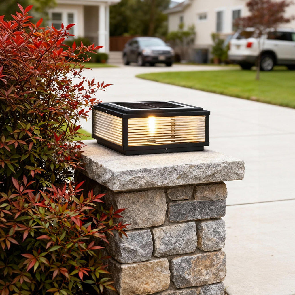 Square Outdoor Pedestal Light With Ribbed Glass And Aluminum Housing