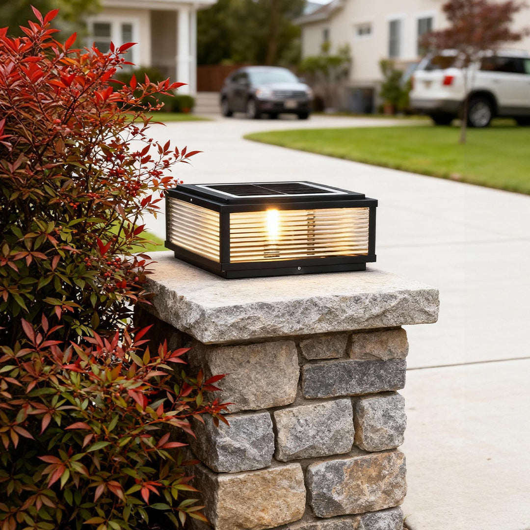 Square Outdoor Pedestal Light With Ribbed Glass And Aluminum Housing