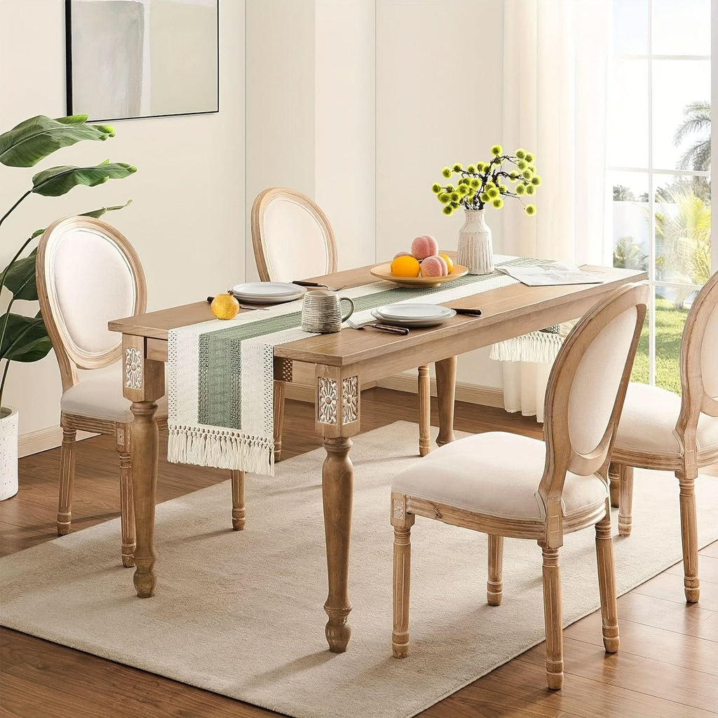 CasaLoom Chemin de table en macramé vert sauge — motif rayé tissé avec bords à pompons
